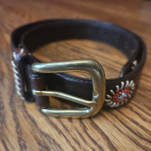 VINTAGE WOOLRICH Womens Beaded Brown Leather Brass Buckle Small - Picture 2 of 11